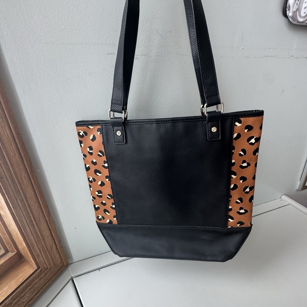 THIRTY-ONE Color Block Tote Black Beauty Pebble Leopard Animal VERY CLEAN